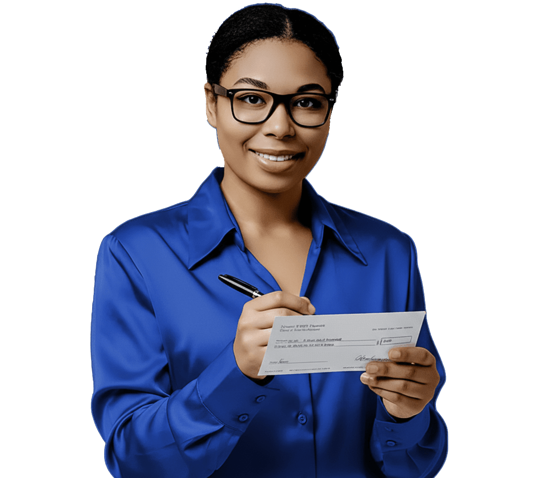 corporate business woman holding a cheque