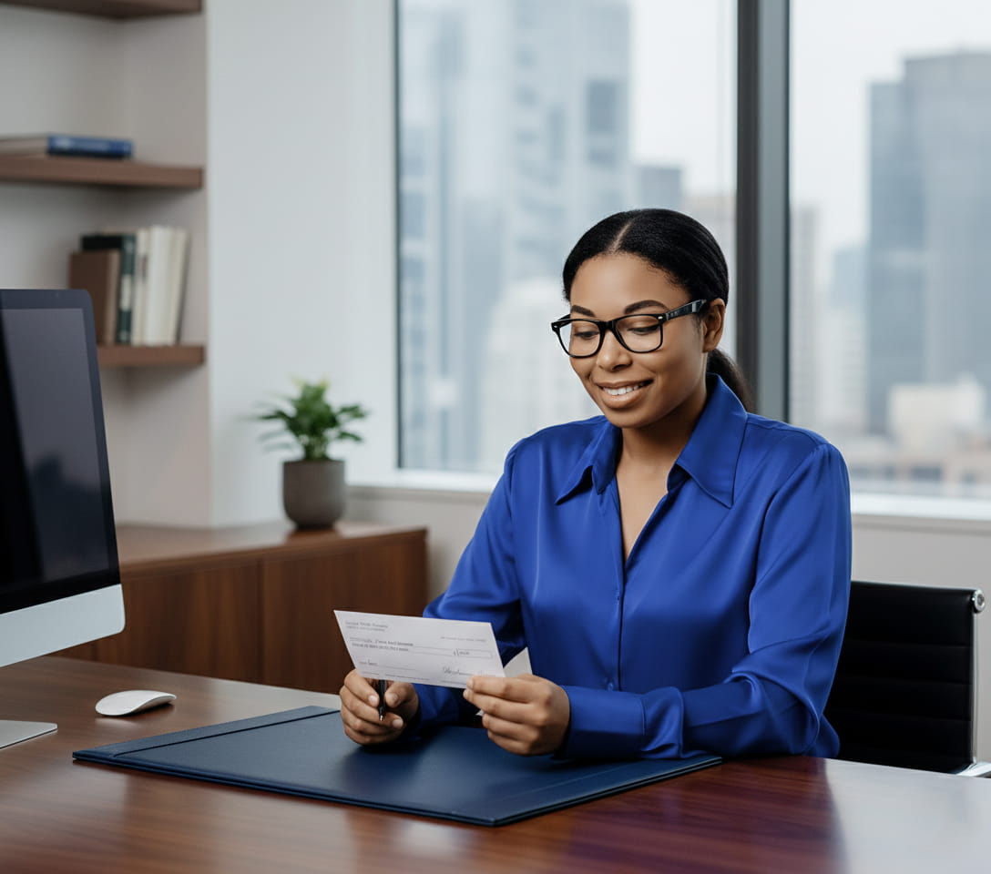 Business woman writing cheque in her office